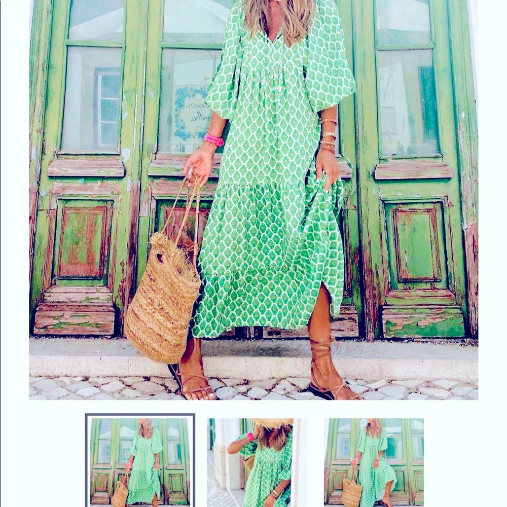 Free flowing Green & white diamond with brownish dots maxi dress